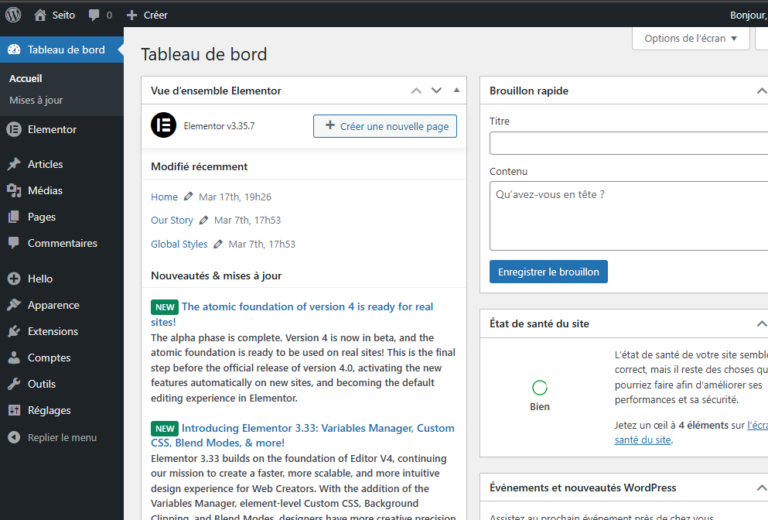 Tableau de bord WordPress